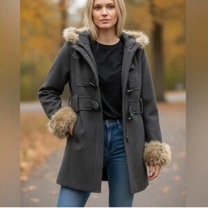 Anthropologie Deep Woods Fur Trim Toggle Coat